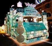 The Gaydar float makes its way along Oxford Street during the 2007 Sydney Gay and Lesbian Mardi Gras parade March 3, 2007 in Sydney, Australia. The float is bright and well lit against the dark background of the street, and looks like an ancient roman temple