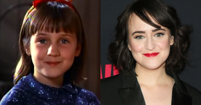 Bisexual actor Mara Wilson in 1995's Matilda (left) and on a red carpet as an adult