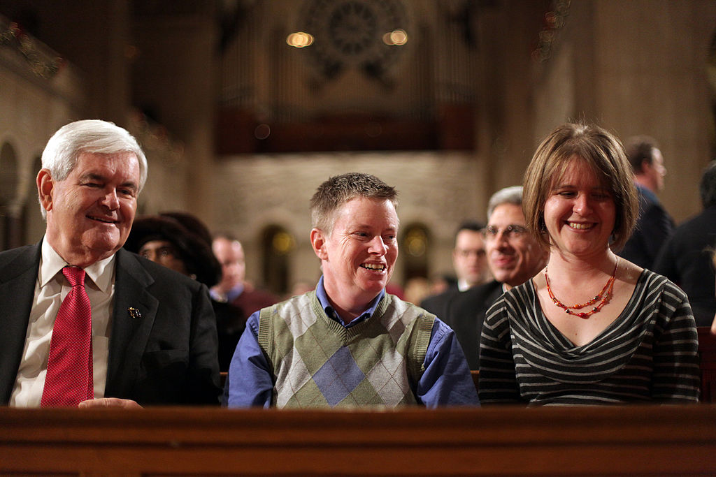 Newt Gingrich (left) with half-sister Candace Gingrich-Jones (right) and her wife Rebecca Gingrich-Jones (centre)