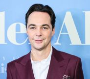 The Big Bang Theory star Jim Parsons in a burgundy suit and white shirt