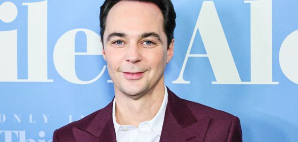 The Big Bang Theory star Jim Parsons in a burgundy suit and white shirt