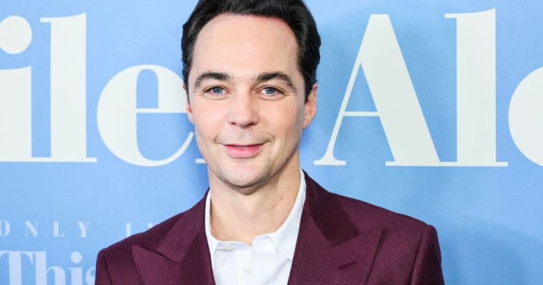 The Big Bang Theory star Jim Parsons in a burgundy suit and white shirt