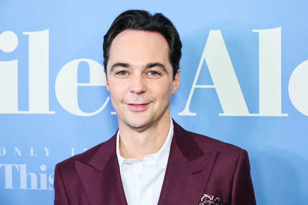The Big Bang Theory star Jim Parsons in a burgundy suit and white shirt