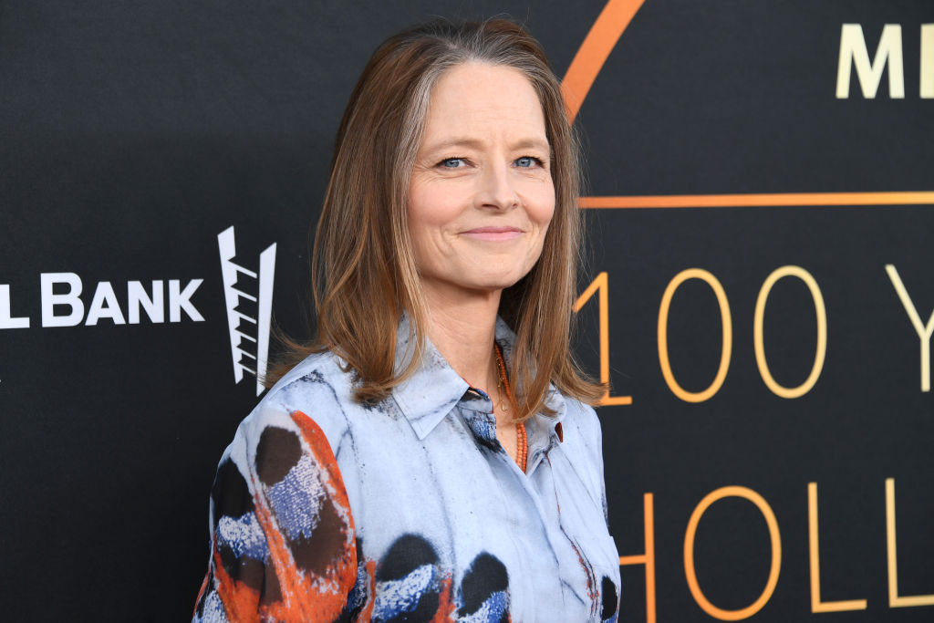 Jodie Foster in a blue pattern shirt