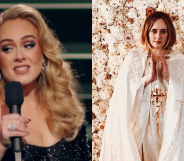 Adele holding a microphone in a black gown during her ITV show / Adele in a long white cape in front of a wall of flowers at Alan Carr's wedding