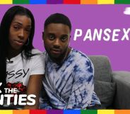 This is an image of two Black men sitting on a couch with a purple background. In the bottom left white text reads "Ask the Aunties" and in the upper right white text reads "Pansexual"