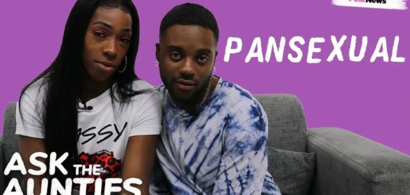 This is an image of two Black men sitting on a couch with a purple background. In the bottom left white text reads "Ask the Aunties" and in the upper right white text reads "Pansexual"