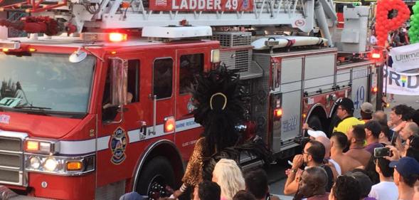 A fire truck takes part in Fort Lauderdale Gay Pride, where two people were stabbed on Sunday.