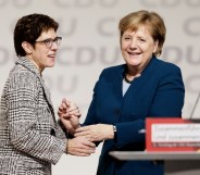 Annegret Kramp-Karrenbauer is congratulated by Angela Merkel after receiving the most votes to become the next leader of the German Christian Democrats (CDU) at a federal congress of the CDU on December 7, 2018 in Hamburg, Germany.