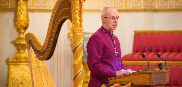 Archbishop of Canterbury Justin Welby makes a speech during a reception to mark the 50th Anniversary of the investiture of The Prince of Wales at Buckingham Palace in London on March 5, 2019.