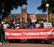 Anti-gay marriage campaigners rally in Sydney in 2017, ahead of the Australia equal marriage vote.