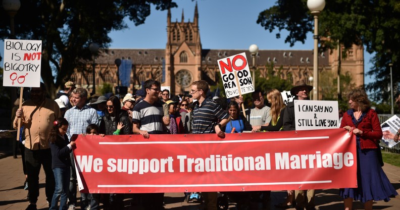 Anti-gay marriage campaigners rally in Sydney in 2017, ahead of the Australia equal marriage vote.