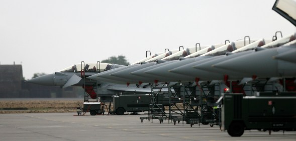 Eurofighter Typhoon aircraft, produced by British arms manufacturer BAE Systems, are pictured at RAF Coningsby in Lincolnshire north east England, on April 27, 2011.