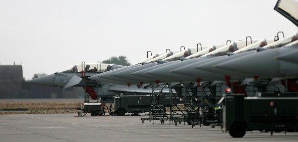 Eurofighter Typhoon aircraft, produced by British arms manufacturer BAE Systems, are pictured at RAF Coningsby in Lincolnshire north east England, on April 27, 2011.