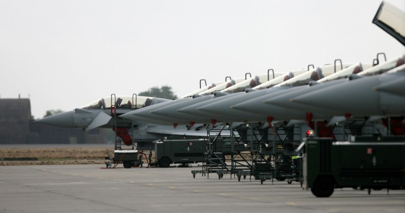 Eurofighter Typhoon aircraft, produced by British arms manufacturer BAE Systems, are pictured at RAF Coningsby in Lincolnshire north east England, on April 27, 2011.
