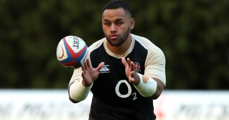 Billy Vunipola catches the ball during the England training session held at Pennyhill Park on March 13, 2019 in Bagshot, England.