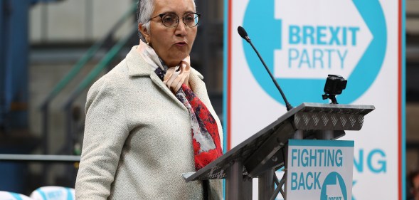 Dr Alka Sehgal Cuthbert speaks at the launch of the Brexit Party on April 12, 2019 in Coventry, England.