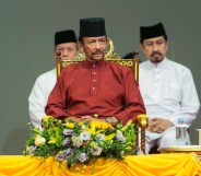 Brunei's Sultan Hassanal Bolkiah (C) attends an event in Bandar Seri Begawan on April 3, 2019.
