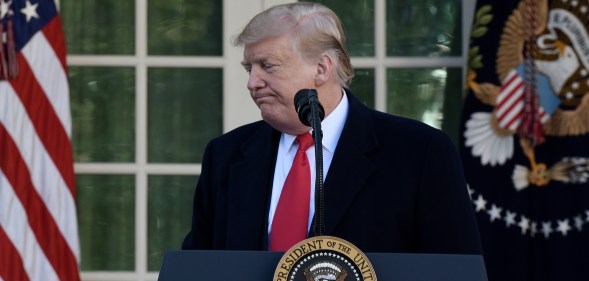 US President Donald Trump makes a statement announcing that a deal has been reached to reopen the government through Feb. 15 during an event in the Rose Garden of the White House January 25, 2019 in Washington, DC.
