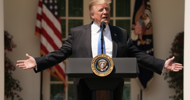 US President Donald Trump delivers remarks during a National Day of Prayer service in the Rose Garden at the White House May 02, 2019 in Washington, DC.