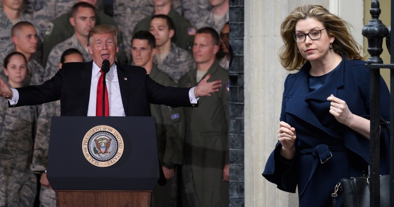 L - US President Donald Trump speaks to Air Force personnel during an event September 15, 2017 at Joint Base Andrews in Maryland. R - UK equalities minister Penny Mordaunt