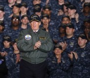 President Donald Trump speaks to members of the U.S. Navy and shipyard workers on board the USS Gerald R. Ford CVN 78 that is being built at Newport News shipbuilding, on March 2, 2017 in Newport News, Virginia.