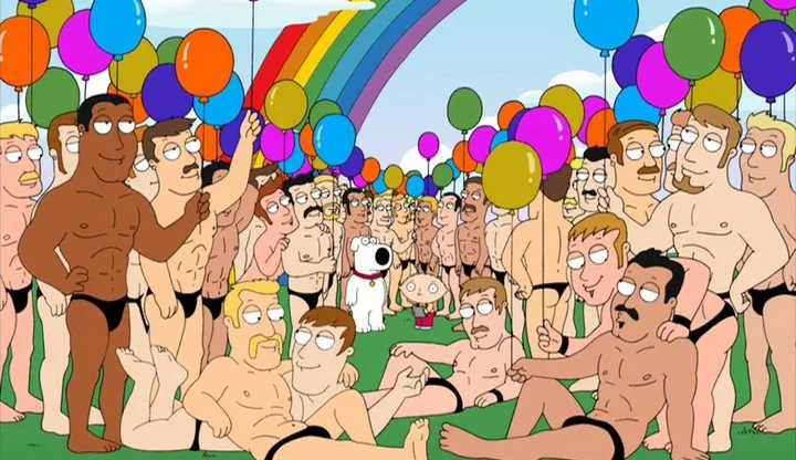 2009 Family Guy episode "Road to the Multiverse" featured the Universe of Homosexual Men, populated by naked gay men
