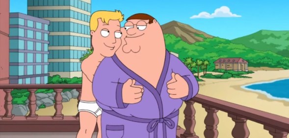 2013 Family Guy episode No Country Club for Old Men featured a gay sequence
