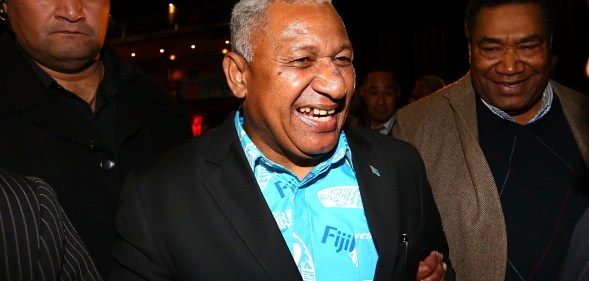 Frank Bainimarama speaks to Fiji First Party supporters as he leaves the Fiji Festival in 2014