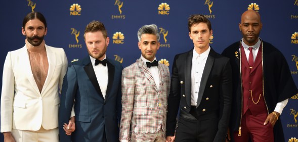 Photo of the queer Eye Fab Five Jonathan Van Ness, Bobby Berk, Tan France, Antoni Porowski, and Karamo Brown attend the 70th Emmy Awards at Microsoft Theater on September 17, 2018 in Los Angeles, California.