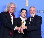 Golden Globes Best Actor in a Motion Picture Drama for 'Bohemian Rhapsody' winner Rami Malek (C) with Brian May and Roger Taylor of Queen pose in the press room during the 76th Annual Golden Globe Awards at The Beverly Hilton Hotel on January 6, 2019 in Beverly Hills, California.