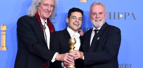 Golden Globes Best Actor in a Motion Picture Drama for 'Bohemian Rhapsody' winner Rami Malek (C) with Brian May and Roger Taylor of Queen pose in the press room during the 76th Annual Golden Globe Awards at The Beverly Hilton Hotel on January 6, 2019 in Beverly Hills, California.