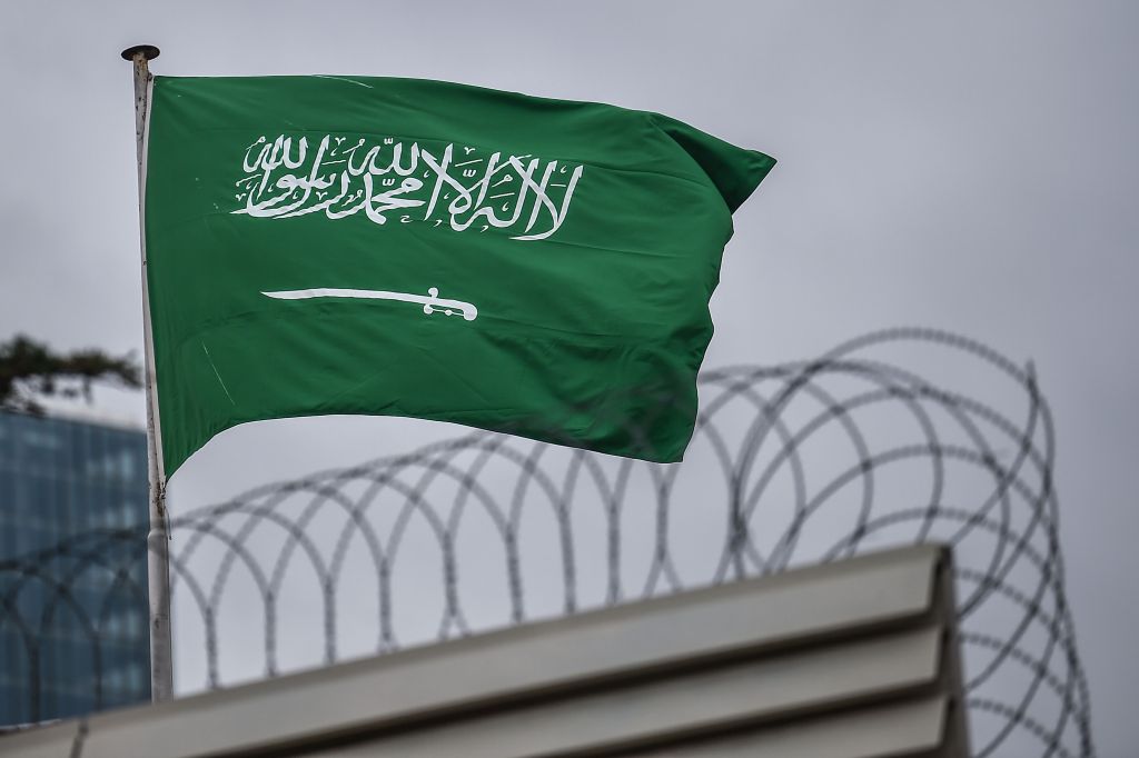 A Saudi Arabia flag flies on the top of their consulate building on January 10, 2019 in Istanbul.