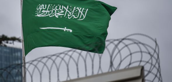 A Saudi Arabia flag flies on the top of their consulate building on January 10, 2019 in Istanbul.