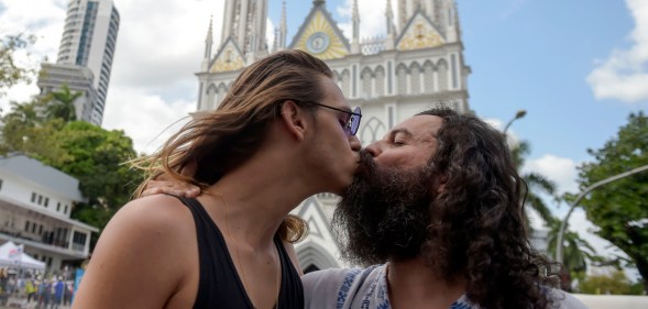 A gay couple takes part in a LGBT kiss-in to make visible sexual and gender diversity during Pope Fracis' visit to Panama for the World Youth Day.