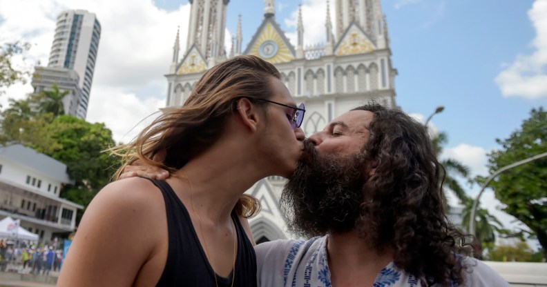 A gay couple takes part in a LGBT kiss-in to make visible sexual and gender diversity during Pope Fracis' visit to Panama for the World Youth Day.
