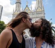 A gay couple takes part in a LGBT kiss-in to make visible sexual and gender diversity during Pope Fracis' visit to Panama for the World Youth Day.