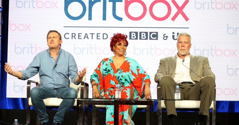 BritBox: (L-R) Philip Gienister, Kim Fields, and Kevin Nash of the television show "Living The Dream" speak during the 2019 Britbox segment of the 2019 Winter Television Critics Association Press Tour at The Langham Huntington, Pasadena on February 09, 2019 in Pasadena, California.