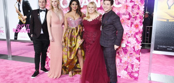 Brandon Scott Jones, Betty Gilpin, Priyanka Chopra, Rebel Wilson and Adam Devine attend the premiere of Isn't It Romantic, which features a gay actor playing a gay character.