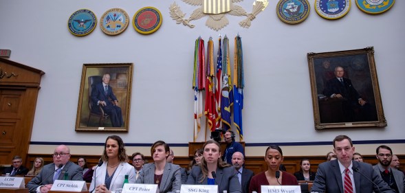 Transgender troops Navy Lt. Commander Blake Dremann, Army Capt. Alivia Stehlik, Army Capt. Jennifer Peace, Army Staff Sgt. Patricia King, Navy Petty Officer 3rd Class Akira Wyatt, and Dr. Jesse M. Ehrenfeld, chair-elect of the American Medical Association Board of Trustees speak at the Military Personnel Subcommittee hearing on "Transgender Service Policy."