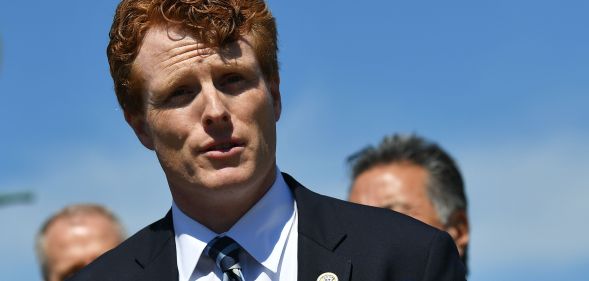 Representative Joe Kennedy III, D-MA, takes part in a press conference on a resolution rejecting US President Donald Trump's transgender military ban at the House Triangle outside the US Capitol in Washington, DC on March 28, 2019.