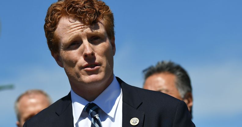 Representative Joe Kennedy III, D-MA, takes part in a press conference on a resolution rejecting US President Donald Trump's transgender military ban at the House Triangle outside the US Capitol in Washington, DC on March 28, 2019.