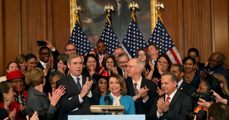 conference where House and Senate Democrats introduced the Equality Act of 2019 which would ban discrimination against lesbian, gay, bisexual and transgender people, on March 13, 2019 in Washington, DC.