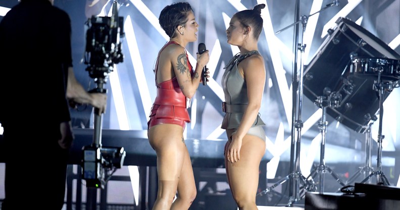 Halsey (L) performs onstage during the 2019 Billboard Music Awards at MGM Grand Garden Arena on May 01, 2019 in Las Vegas, Nevada.