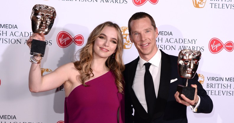 Jodie Comer, winner of the Best Leading Actress Award for 'Killing Eve' and Benedict Cumberbatch, winner of the Best Leading Actor Award for 'Patrick Melrose' in the Press Room at the BAFTA TV Awards at The Royal Festival Hall on May 12, 2019 in London, England.