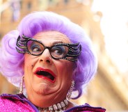 Dame Edna participates with her fans in a Zumba fitness class at Martin Place on January 15, 2013 in Sydney, Australia.