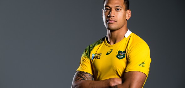 In this handout image provided by ASICS, Israel Folau poses at the 2015 Australian Wallabies Rugby World Cup jersey launch at Allianz Stadium on June 10, 2015 in Sydney, Australia.