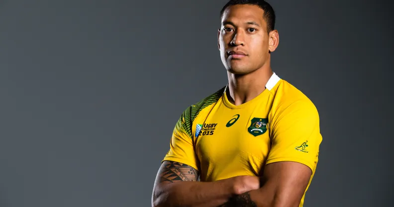 In this handout image provided by ASICS, Israel Folau poses at the 2015 Australian Wallabies Rugby World Cup jersey launch at Allianz Stadium on June 10, 2015 in Sydney, Australia.