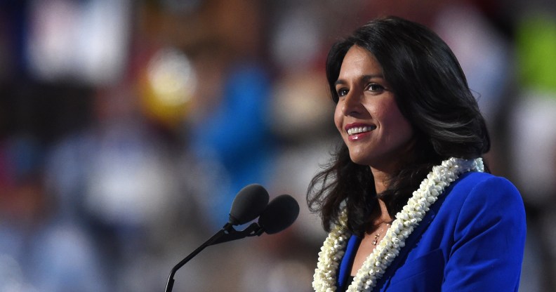 US Representative Tulsi Gabbard speaks during Day 2 of the Democratic National Convention at the Wells Fargo Center in Philadelphia.