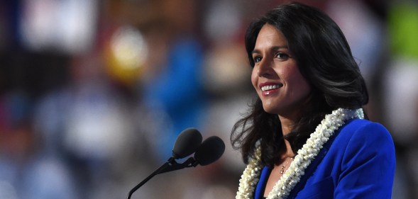 US Representative Tulsi Gabbard speaks during Day 2 of the Democratic National Convention at the Wells Fargo Center in Philadelphia.